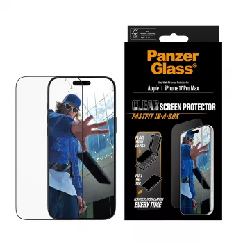 PanzerGlass® apsauginis stiklas iPhone 17 Pro Max | Ultra-Wide Fit su FASTFIT IN-A-BOX