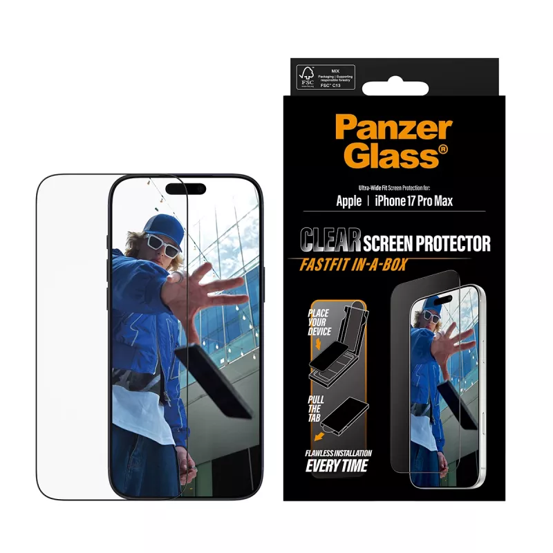 PanzerGlass® apsauginis stiklas iPhone 17 Pro Max | Ultra-Wide Fit su FASTFIT IN-A-BOX
