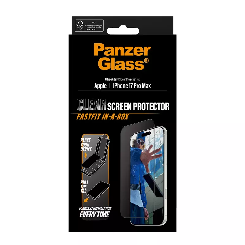 PanzerGlass® apsauginis stiklas iPhone 17 Pro Max | Ultra-Wide Fit su FASTFIT IN-A-BOX