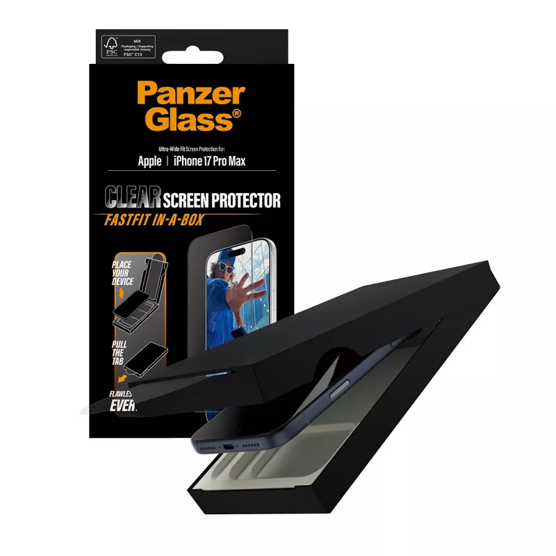 PanzerGlass® apsauginis stiklas iPhone 17 Pro Max | Ultra-Wide Fit su FASTFIT IN-A-BOX