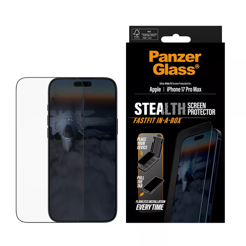 PanzerGlass® Stealth ekrano apsauga iPhone 17 Pro Max | Ultra-Wide Fit su FASTFIT IN-A-BOX