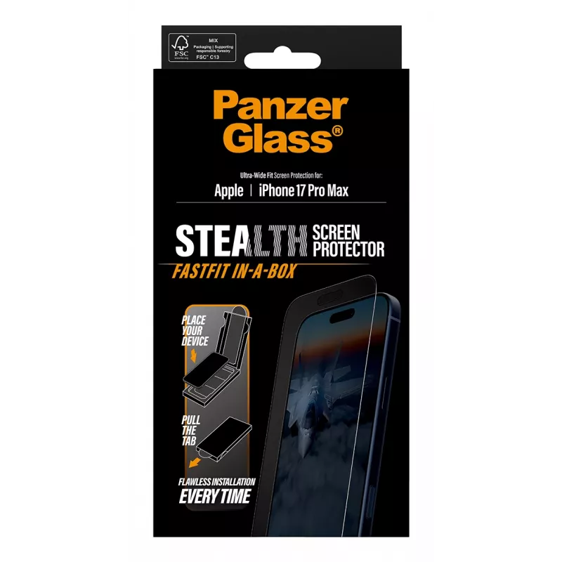 PanzerGlass® Stealth ekrano apsauga iPhone 17 Pro Max | Ultra-Wide Fit su FASTFIT IN-A-BOX