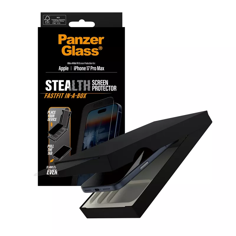 PanzerGlass® Stealth ekrano apsauga iPhone 17 Pro Max | Ultra-Wide Fit su FASTFIT IN-A-BOX