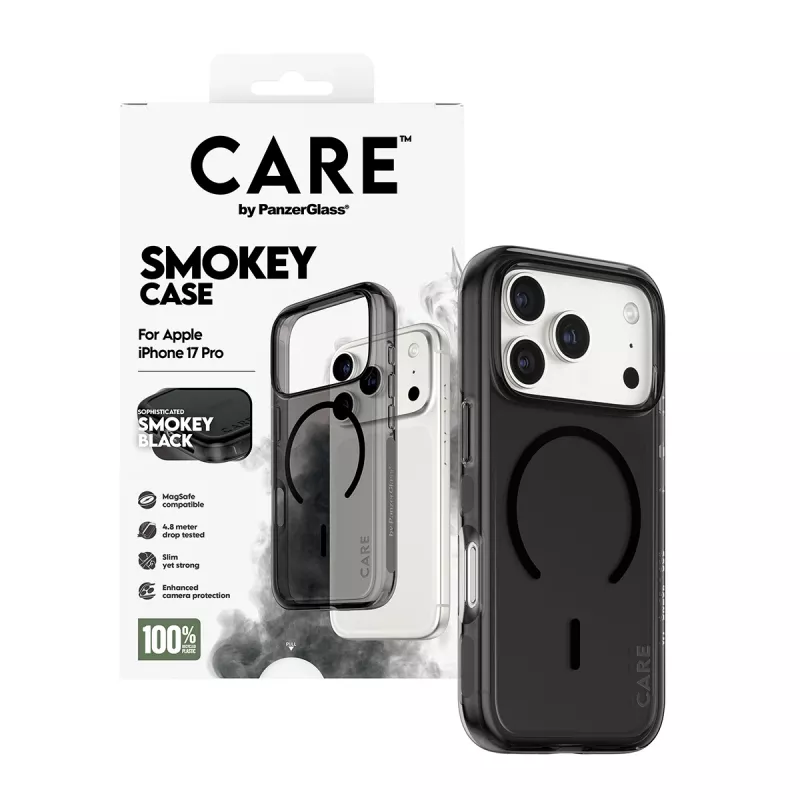 Apsauginis dėklas PanzerGlass CARE™ Urban Explorer Smokey Black MagSafe, skirtas iPhone 17 Pro (TPU, juoda)