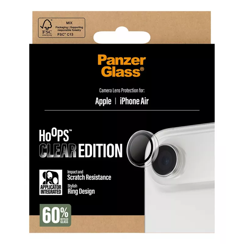PanzerGlass Hoops apsauginis objektyvo stikliukas iPhone Air — grūdintas stiklas su silikoniniu rėmeliu, skaidrus, 1 vnt.