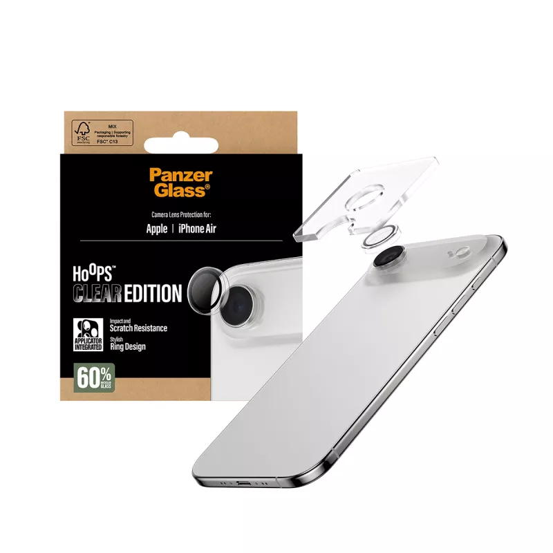 PanzerGlass Hoops apsauginis objektyvo stikliukas iPhone Air — grūdintas stiklas su silikoniniu rėmeliu, skaidrus, 1 vnt.