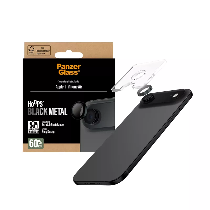 PanzerGlass Hoops kameros lęšio apsauga iPhone Air – grūdintas stiklas, juoda, atspari įbrėžimams ir smūgiams