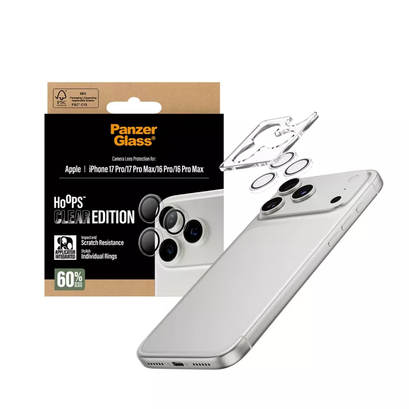 PanzerGlass Hoops permatomas kameros objektyvo apsauginis stiklas iPhone 17 Pro / 17 Pro Max / 16 Pro / 16 Pro Max, grūdintas stiklas, silikonas, 1 vnt.