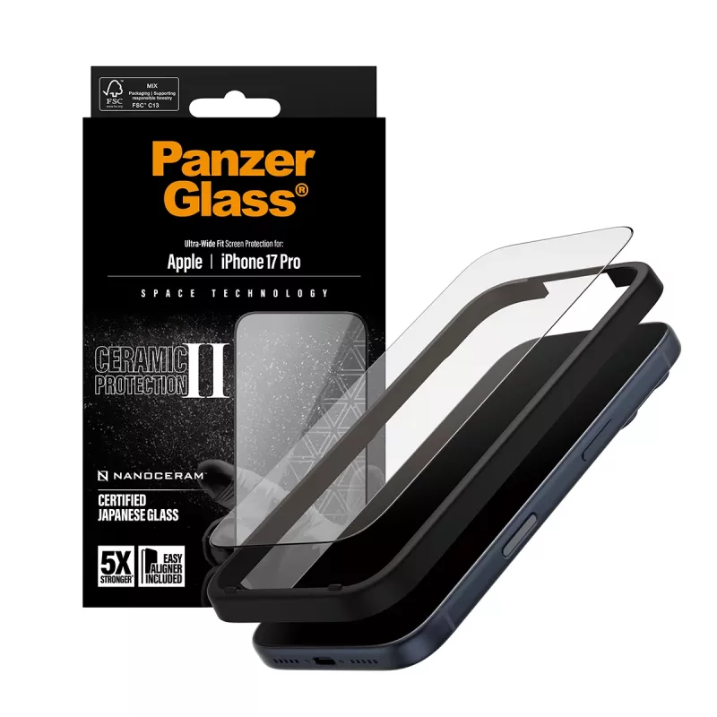 PanzerGlass® Ceramic II apsauginis stiklas iPhone 17 Pro | Ultra-Wide Fit su EasyAligner