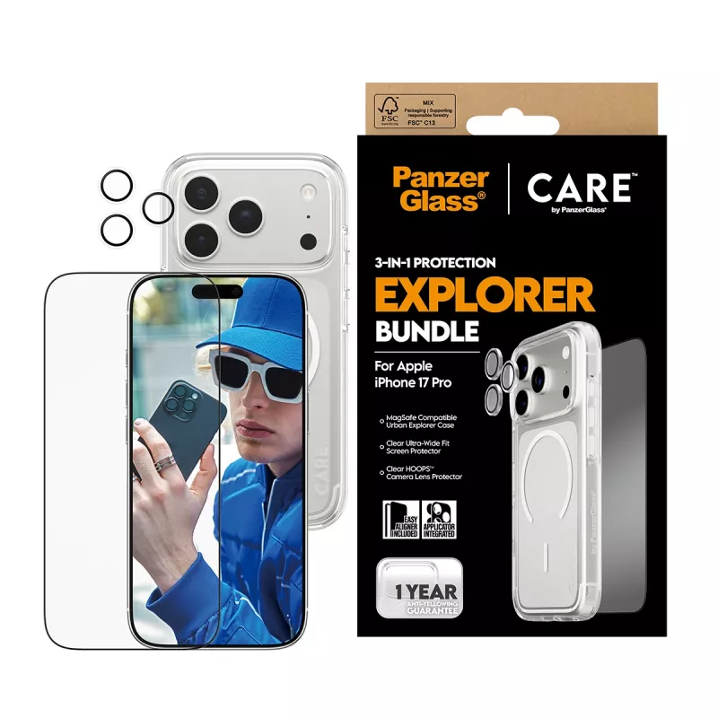PanzerGlass CARE 3-in-1 Flagship Explorer apsauginis rinkinys iPhone 17 Pro — grūdintas stiklas, PET, silikonas, permatomas