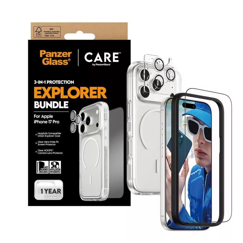 PanzerGlass CARE 3-in-1 Flagship Explorer apsauginis rinkinys iPhone 17 Pro — grūdintas stiklas, PET, silikonas, permatomas