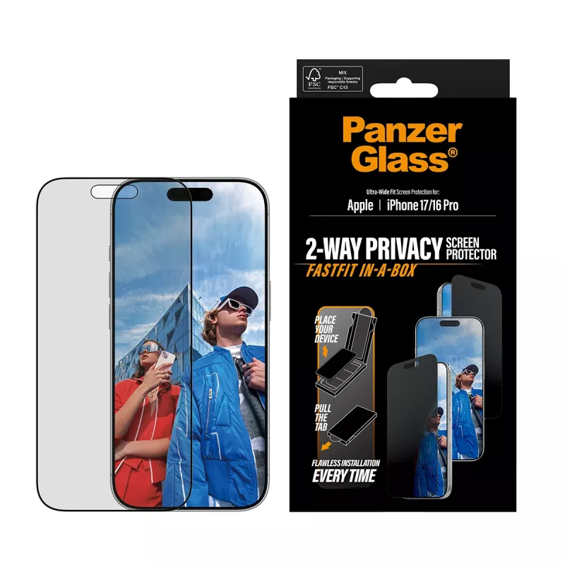 Privatumo apsaugos stiklas PanzerGlass iPhone 17 / iPhone 16 Pro — Ultra-Wide Fit, grūdintas stiklas + PET, FASTFIT