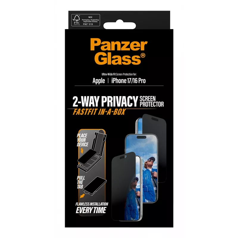 Privatumo apsaugos stiklas PanzerGlass iPhone 17 / iPhone 16 Pro — Ultra-Wide Fit, grūdintas stiklas + PET, FASTFIT