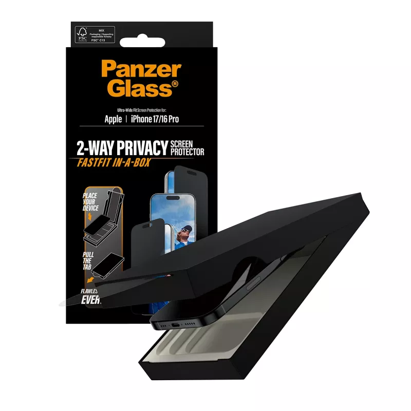 Privatumo apsaugos stiklas PanzerGlass iPhone 17 / iPhone 16 Pro — Ultra-Wide Fit, grūdintas stiklas + PET, FASTFIT