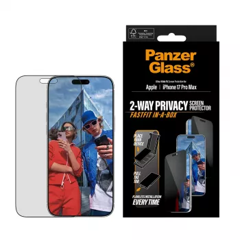 Apsauginis stiklas PanzerGlass 2-Way Privacy, skirtas iPhone 17 Pro Max – grūdintas stiklas, itin platus dengimas, FASTFIT