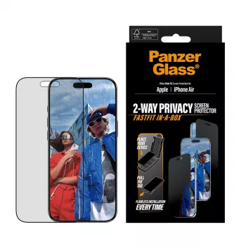 PanzerGlass Privacy iPhone Air apsauginis stiklas — grūdintas, itin platus, privatumo filtras, FASTFIT