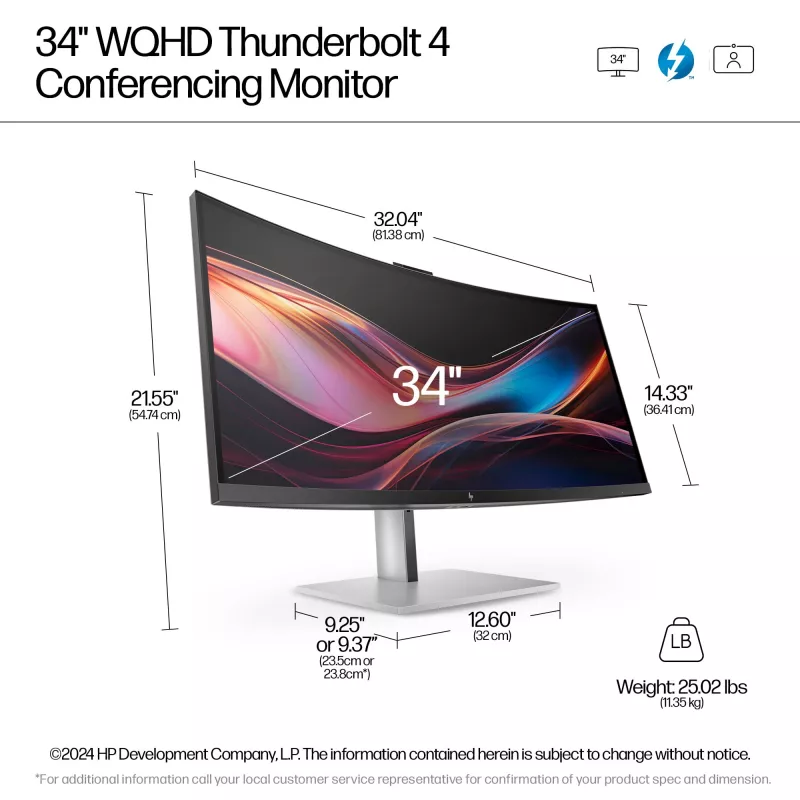 HP Series 7 Pro 34 colių WQHD konferencinis monitorius - 734pm, 86,4 cm (34 colių), 3440 x 1440 pikselių, Wide Quad HD, LCD, 5 ms, juoda, sidabrinė