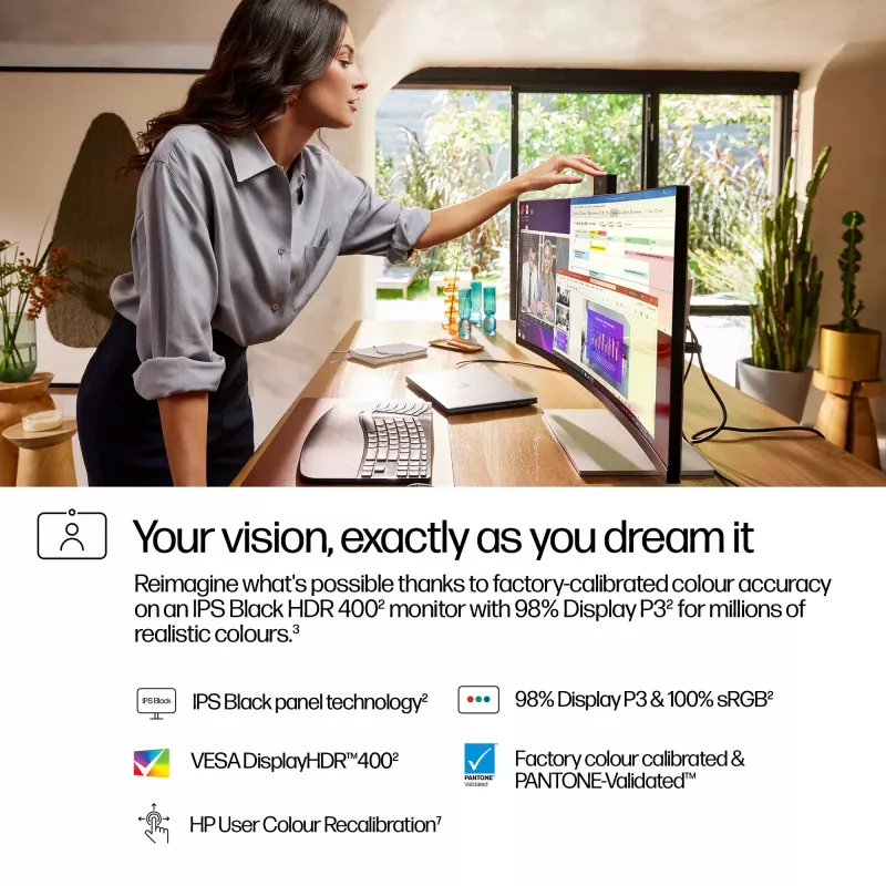 HP Series 7 Pro 34 colių WQHD konferencinis monitorius - 734pm, 86,4 cm (34 colių), 3440 x 1440 pikselių, Wide Quad HD, LCD, 5 ms, juoda, sidabrinė