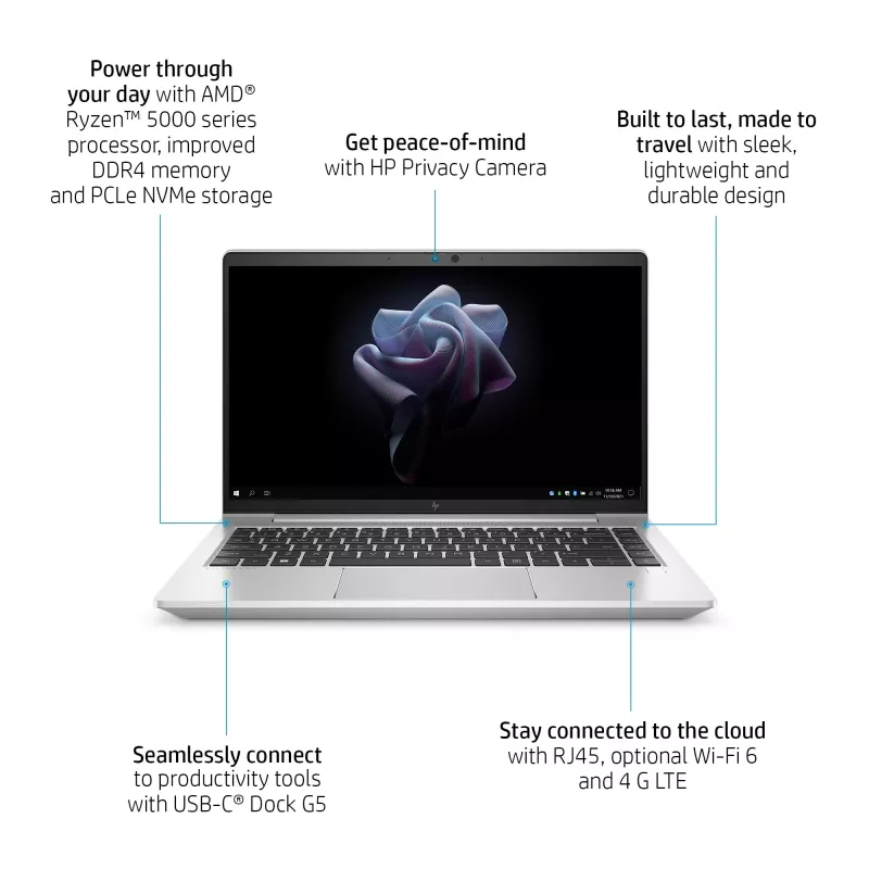 HP Elite mt645 G7 AMD Ryzen™ 3 5425U Mobilus plonas klientas 35,6 cm (14 colių) Full HD 8 GB DDR4-SDRAM 256 GB SSD Wi-Fi 6 (802.11ax) HP ThinPro OS Sidabrinis