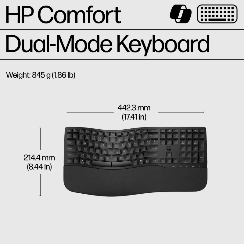 HP 685 Comfort Dual-Mode belaidė klaviatūra, pilno dydžio, membraninė, RF + Bluetooth, juoda