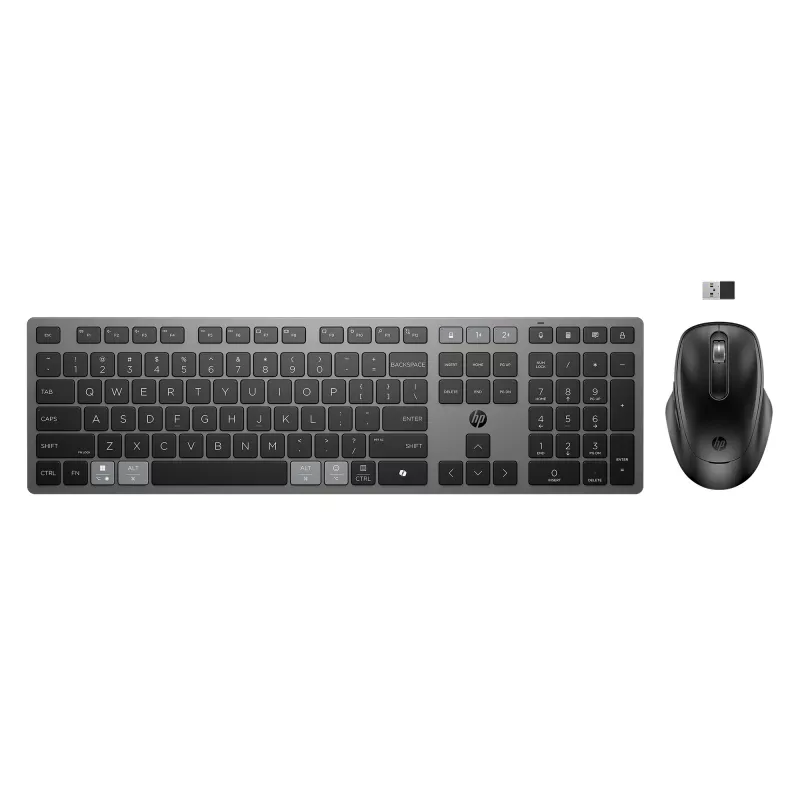 HP 725 Multi-Device belaidis klaviatūros ir pelės rinkinys, pilno dydžio, įkraunamas, Bluetooth, RF, juodas