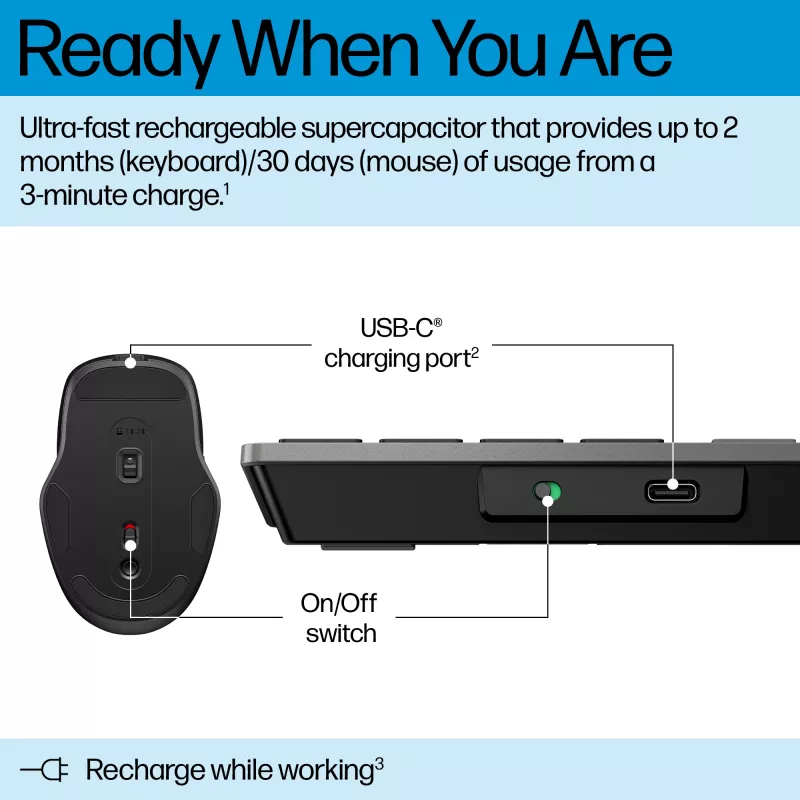 HP 725 Multi-Device belaidis klaviatūros ir pelės rinkinys, pilno dydžio, įkraunamas, Bluetooth, RF, juodas