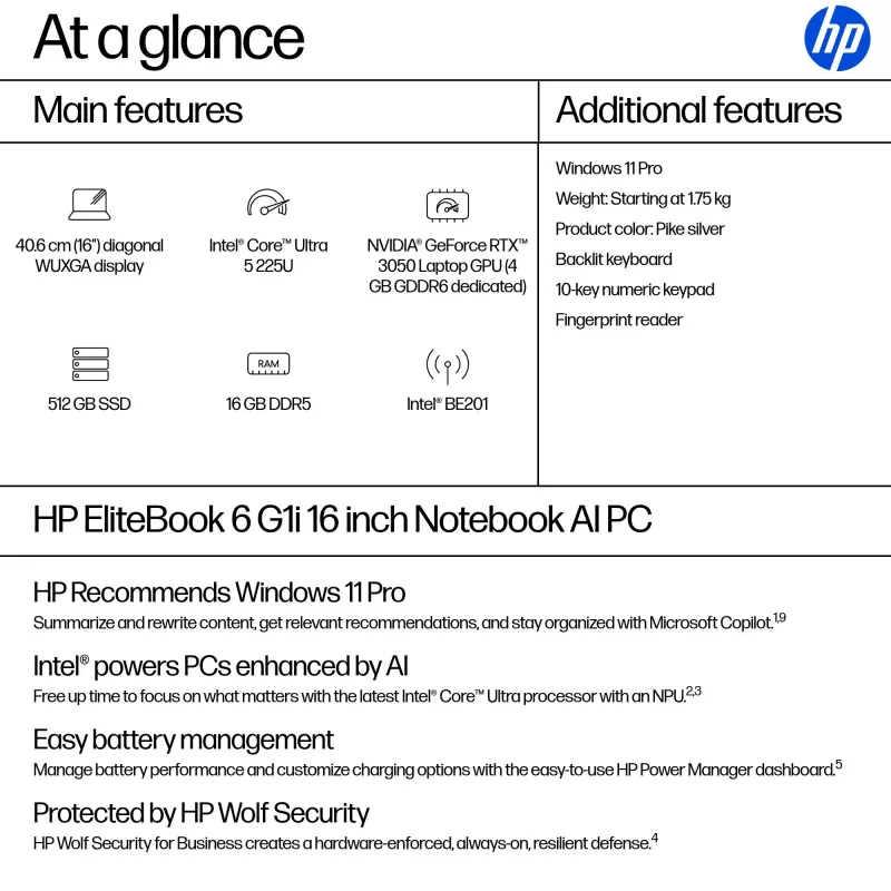 HP EliteBook 6 G1i AI nešiojamas kompiuteris Intel Core Ultra 5 225U 40,6 cm (16 colių) WUXGA 16 GB DDR5-SDRAM Wi-Fi 7 (802.11be) Windows 11 Pro sidabrinis