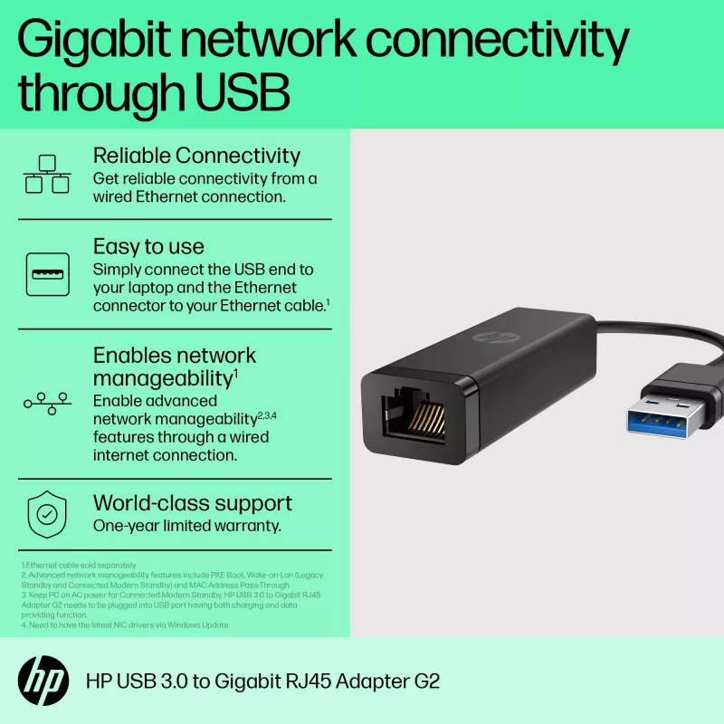 HP USB 3.0 į Gigabit RJ46 adapteris G2, laidinis, USB, Ethernet, juodas