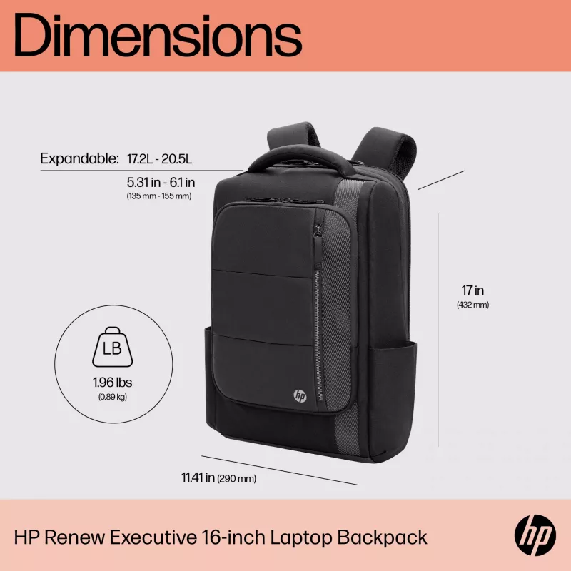 HP Renew Executive 16 colių nešiojamojo kompiuterio kuprinė, 40,9 cm (16,1 colio), 890 g