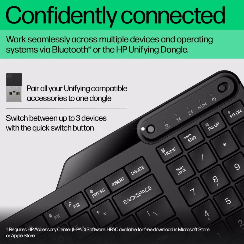 HP 475 belaidė klaviatūra su dviem režimais, viso dydžio (100%), RF belaidis + Bluetooth, membraninė, juoda
