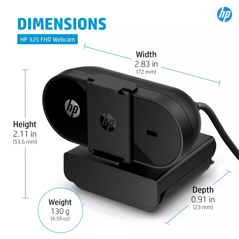 HP 325 FHD Webcam internetinė kamera, verslui, Windows 10, Windows 11, MacOS, 72 mm, 53.6 mm, 53.2 mm