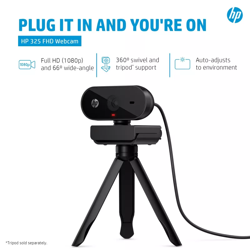 HP 325 FHD Webcam internetinė kamera, verslui, Windows 10, Windows 11, MacOS, 72 mm, 53.6 mm, 53.2 mm
