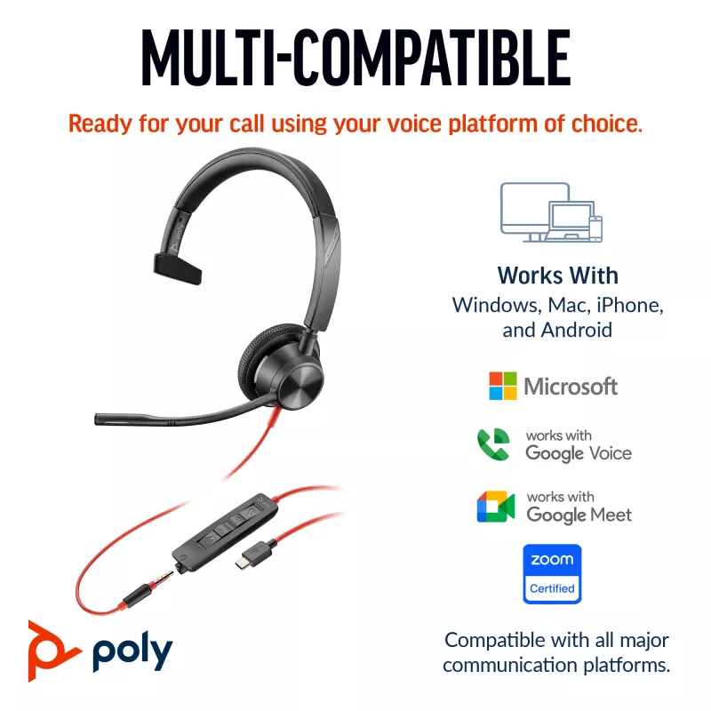 HP Poly Blackwire 3315 monofoninė ausinė su mikrofonu, sertifikuota Microsoft Teams, USB-C jungtis + 3,5 mm lizdas + USB-C/A adapteris