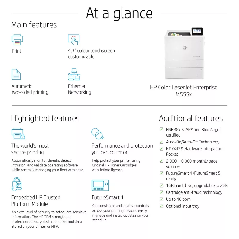 HP Color LaserJet Enterprise M555x spalvotas lazerinis spausdintuvas, A4, 38 ppm, dvipusis spausdinimas