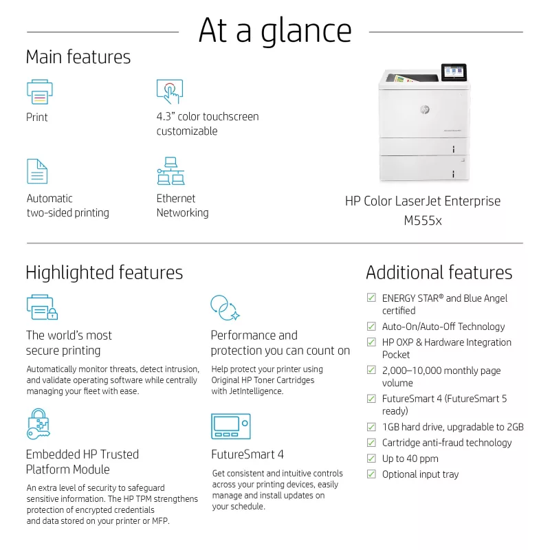 HP Color LaserJet Enterprise M555x spalvotas lazerinis spausdintuvas, A4, 38 ppm, dvipusis spausdinimas