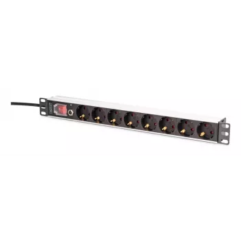 DIGITUS PDU - 1U aliumininis stovo maitinimo skirstytuvas 7x saugos + 1x lizdas 16A 4000W 250VAC 50/60Hz su apsauga nuo perkrovos