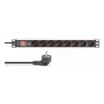 DIGITUS PDU - 1U aliumininis stovo maitinimo skirstytuvas 7x saugos + 1x lizdas 16A 4000W 250VAC 50/60Hz su apsauga nuo perkrovos