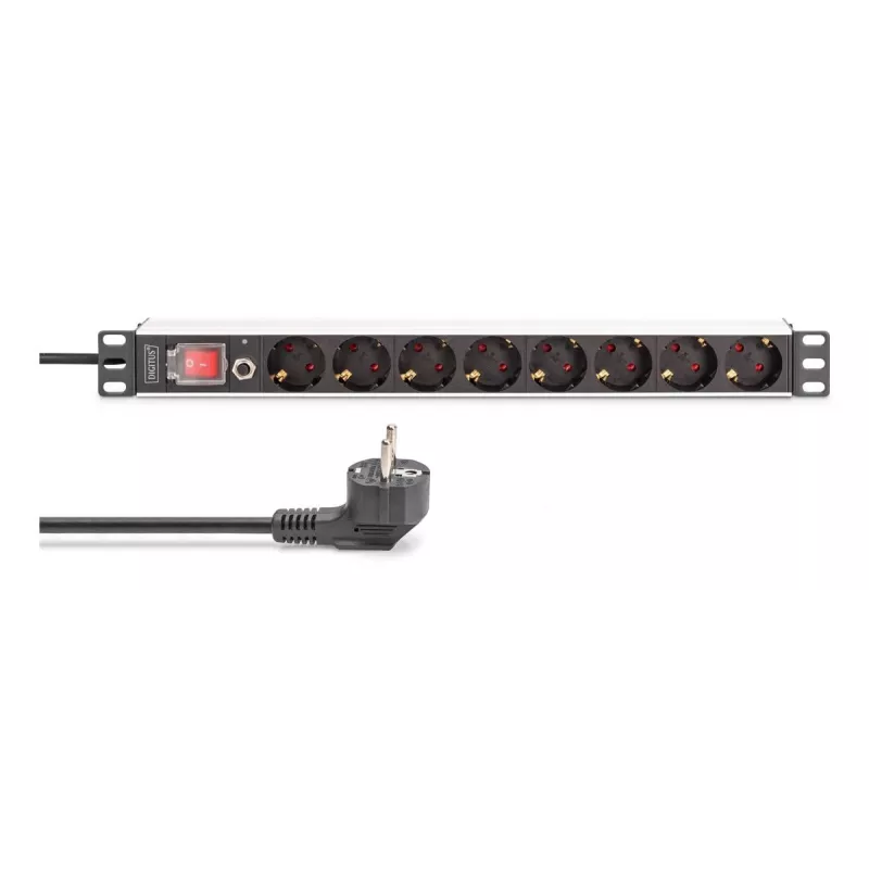 DIGITUS PDU - 1U aliumininis stovo maitinimo skirstytuvas 7x saugos + 1x lizdas 16A 4000W 250VAC 50/60Hz su apsauga nuo perkrovos