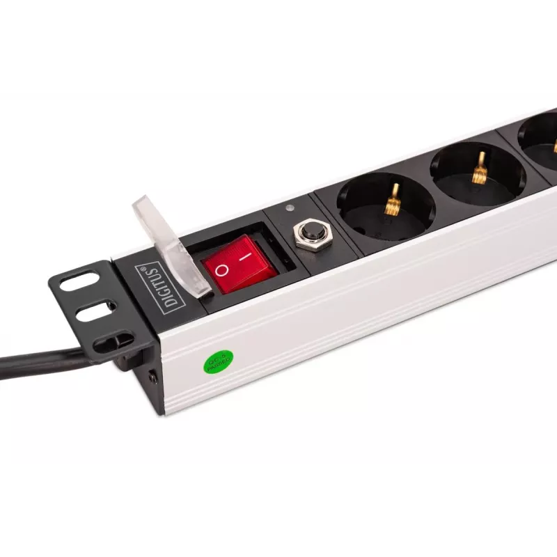 DIGITUS PDU - 1U aliumininis stovo maitinimo skirstytuvas 7x saugos + 1x lizdas 16A 4000W 250VAC 50/60Hz su apsauga nuo perkrovos