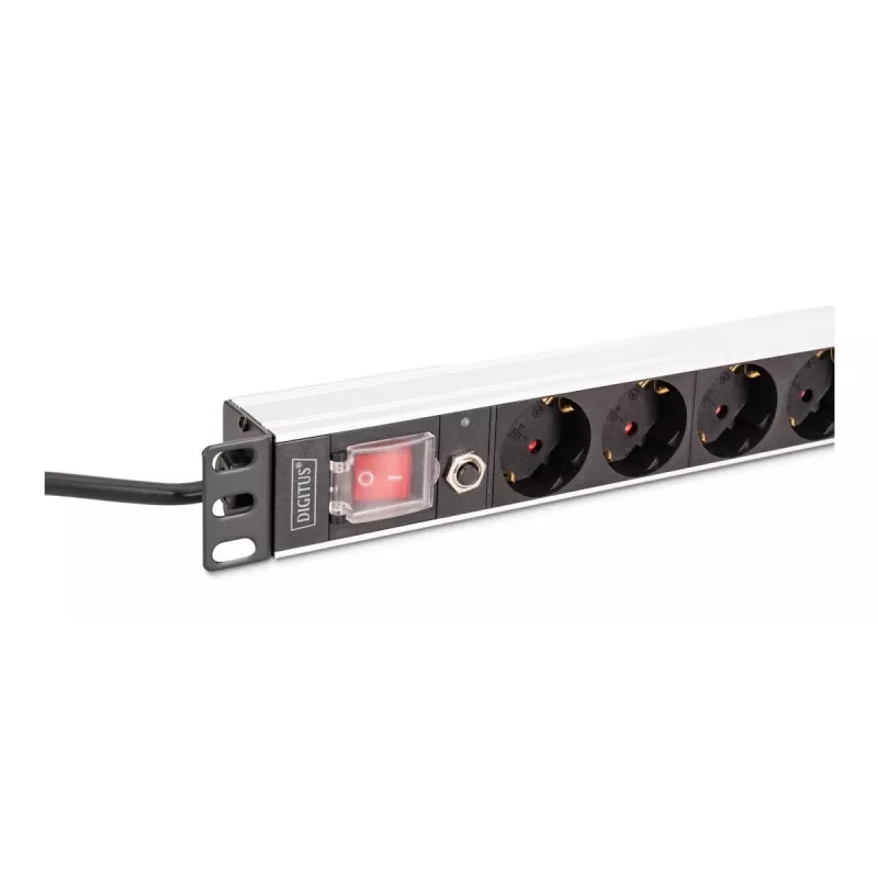 DIGITUS PDU - 1U aliumininis stovo maitinimo skirstytuvas 7x saugos + 1x lizdas 16A 4000W 250VAC 50/60Hz su apsauga nuo perkrovos