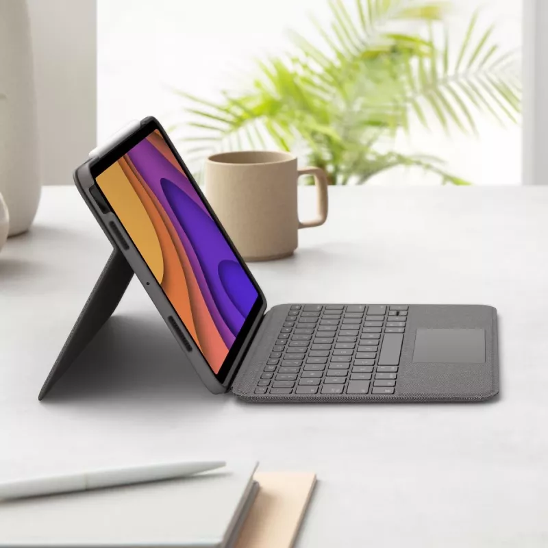 LOGITECH Folio Touch klaviatūros dėklas su apšvietimu ir jutikliniu kilimėliu, Oksfordo pilka, skirta iPad Air (4 kartos) vokiška QWERTZ