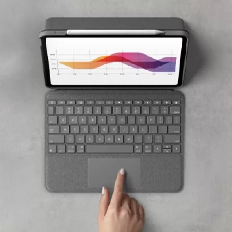 LOGITECH Folio Touch klaviatūros dėklas su apšvietimu ir jutikliniu kilimėliu, Oksfordo pilka, skirta iPad Air (4 kartos) vokiška QWERTZ