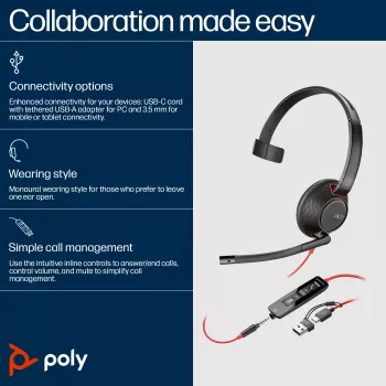 HP Poly Blackwire 5210 monauralinė ausinė su USB-C jungtimi, 3,5 mm lizdu ir USB-C/A adapteriu (Bulk)