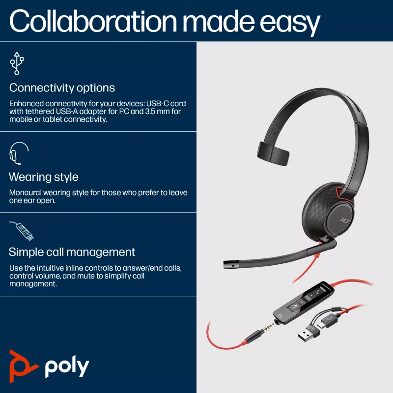 HP Poly Blackwire 5210 monauralinė ausinė su USB-C jungtimi, 3,5 mm lizdu ir USB-C/A adapteriu (Bulk)