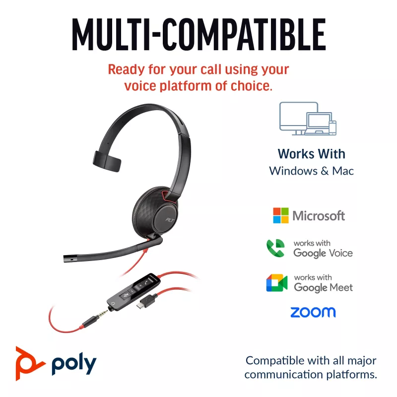 HP Poly Blackwire 5210 monauralinė ausinė su USB-C jungtimi, 3,5 mm lizdu ir USB-C/A adapteriu (Bulk)
