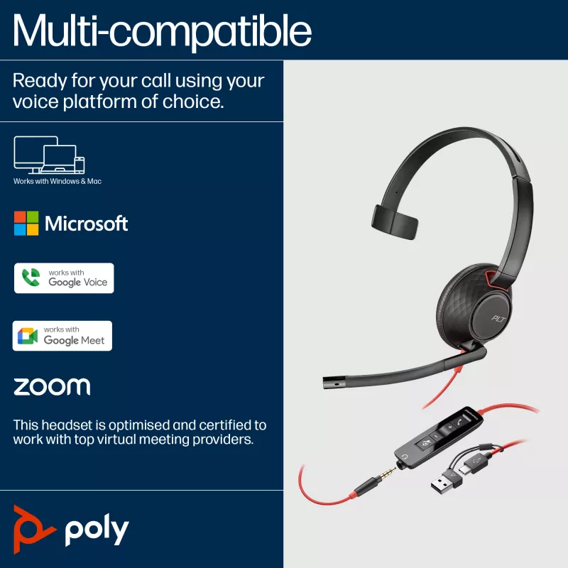 HP Poly Blackwire 5210 monauralinė ausinė su USB-C jungtimi, 3,5 mm lizdu ir USB-C/A adapteriu (Bulk)