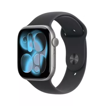 Apple Watch Series 11 GPS + Cellular 46 mm kosminės pilkos spalvos aliuminio korpusas su juodu sportiniu dirželiu M/L