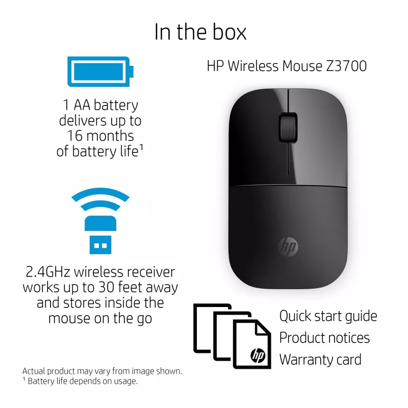 HP Z3700 belaidė pelė juoda, ambidekstrinė, optinė, RF belaidė, 1200 DPI