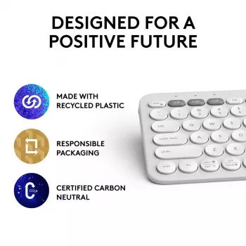 Kompaktiška mini klaviatūra Logitech Pebble Keys 2 K380s – RF belaidė + Bluetooth, QWERTY US International, balta