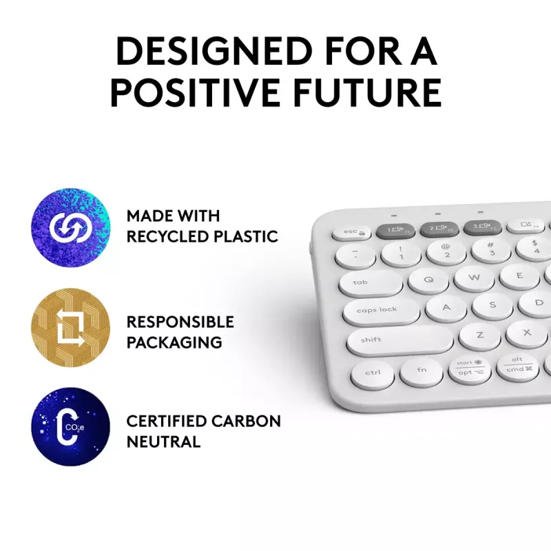 Kompaktiška mini klaviatūra Logitech Pebble Keys 2 K380s – RF belaidė + Bluetooth, QWERTY US International, balta